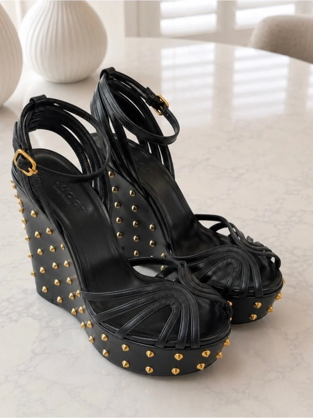 Gucci Black Leather Gold-Stud Wedge Sandals